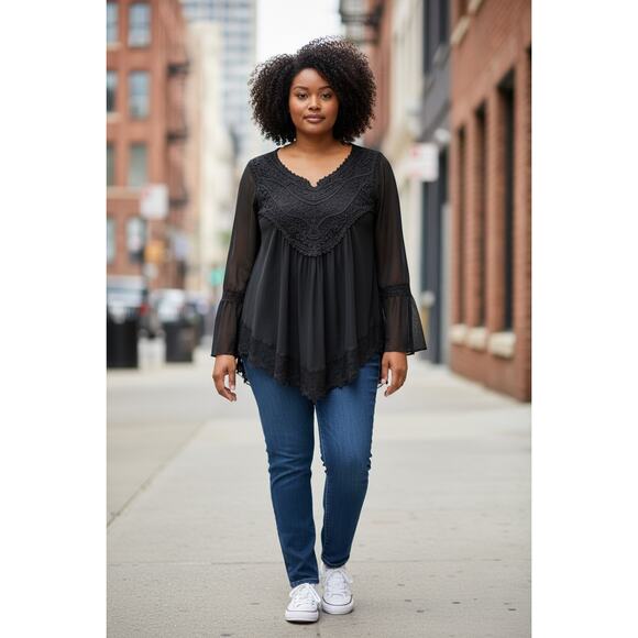 Ultra Pink Black Sheer Lace Boho Blouse | Bell Sleeve Romantic Top | Size L - Picture 1 of 6